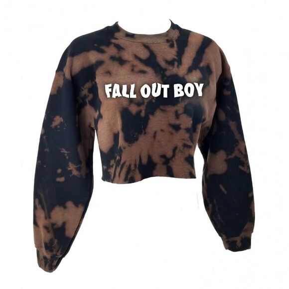 FALL OUT BOY Rock Acid Wash "Cropped" Crop Top Long Sleeve Crewneck Sweatshirt - Picture 2 of 5
